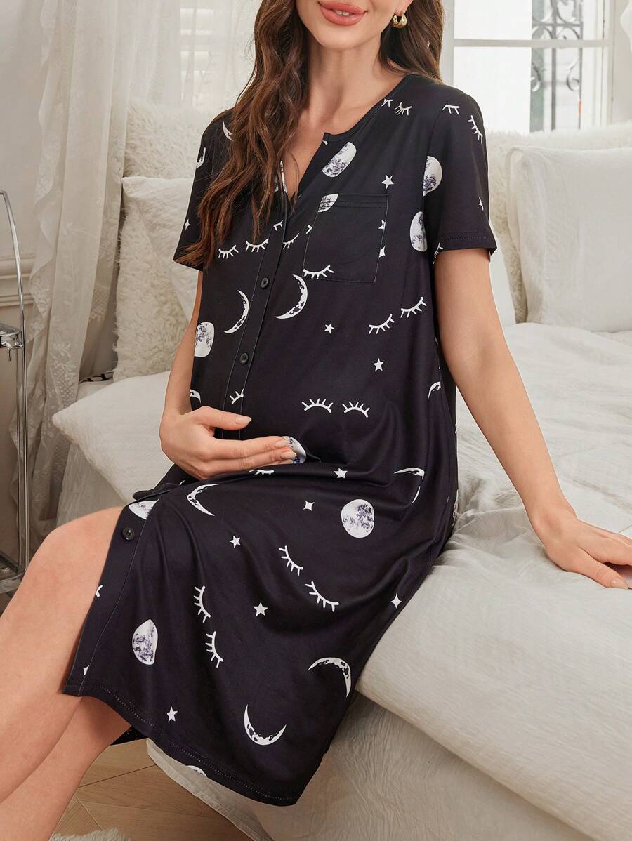 Maternity Starry Sky Print Nightgown Women Open Front Short Sleeve Casual Nursing Sleepwear Pajama Dress