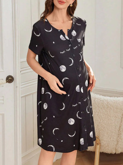 Maternity Starry Sky Print Nightgown Women Open Front Short Sleeve Casual Nursing Sleepwear Pajama Dress