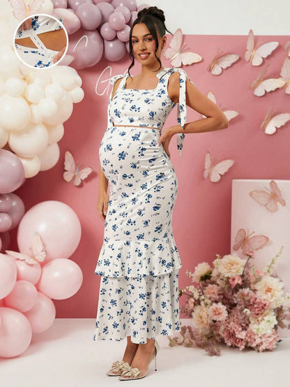 2 Piece Maternity Set Ditsy Floral Tank Top and A Line High Stretch Long Skirt for Baby Shower and Valentines Day Blue and White