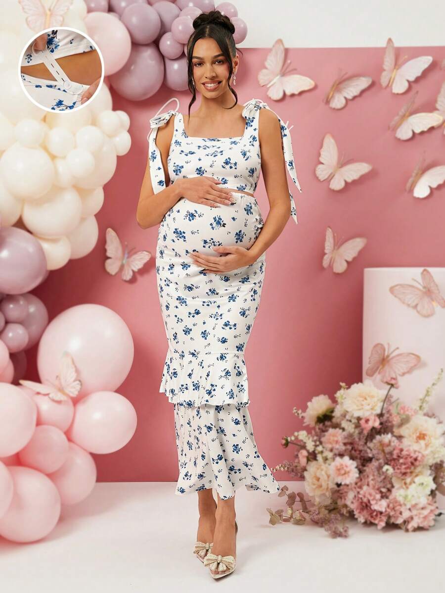 2 Piece Maternity Set Ditsy Floral Tank Top and A Line High Stretch Long Skirt for Baby Shower and Valentines Day Blue and White