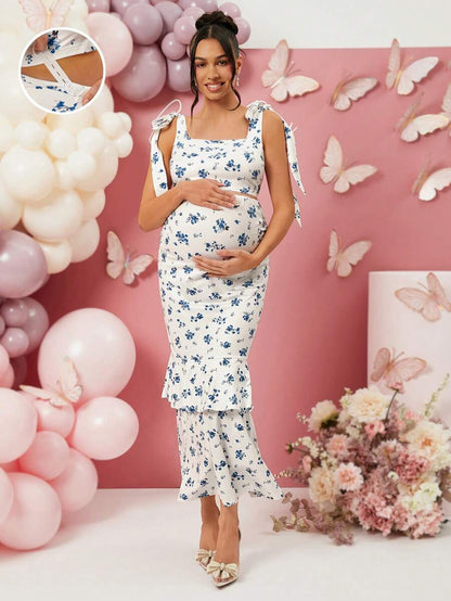 2 Piece Maternity Set Ditsy Floral Tank Top and A Line High Stretch Long Skirt for Baby Shower and Valentines Day Blue and White
