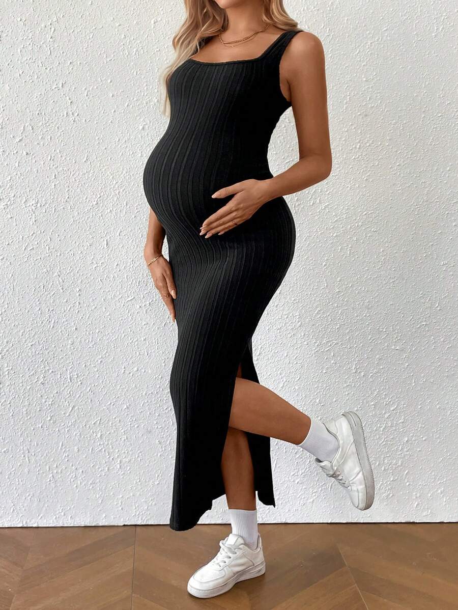 Dusty Pink Ribbed Maternity Bodycon Midi Dress with Twist Back and Side Slit Hem - Sleeveless Summer Knit Cami Dress