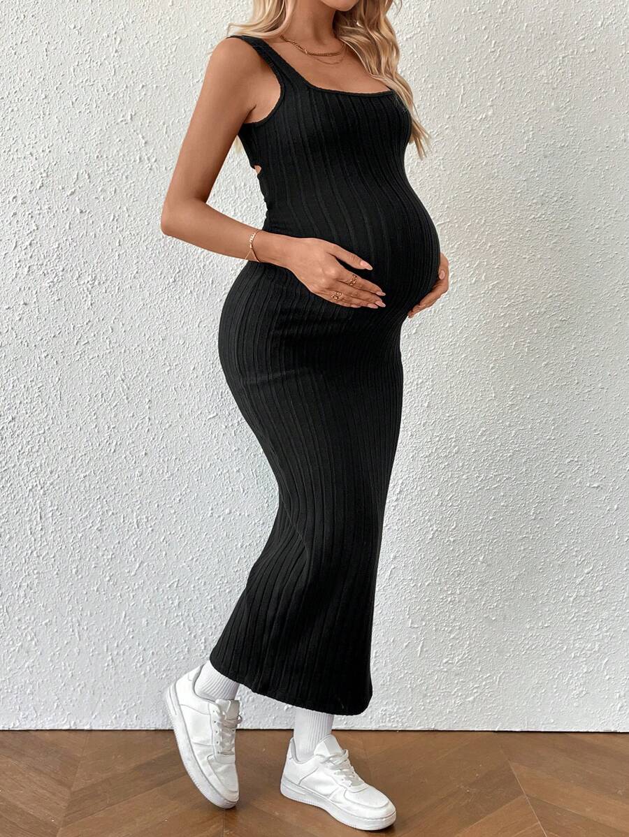 Maternity Summer Minimalist Ribbed Twist Back Slit Midi Dress Apricot Sleeveless Cami Dress for Babymoon