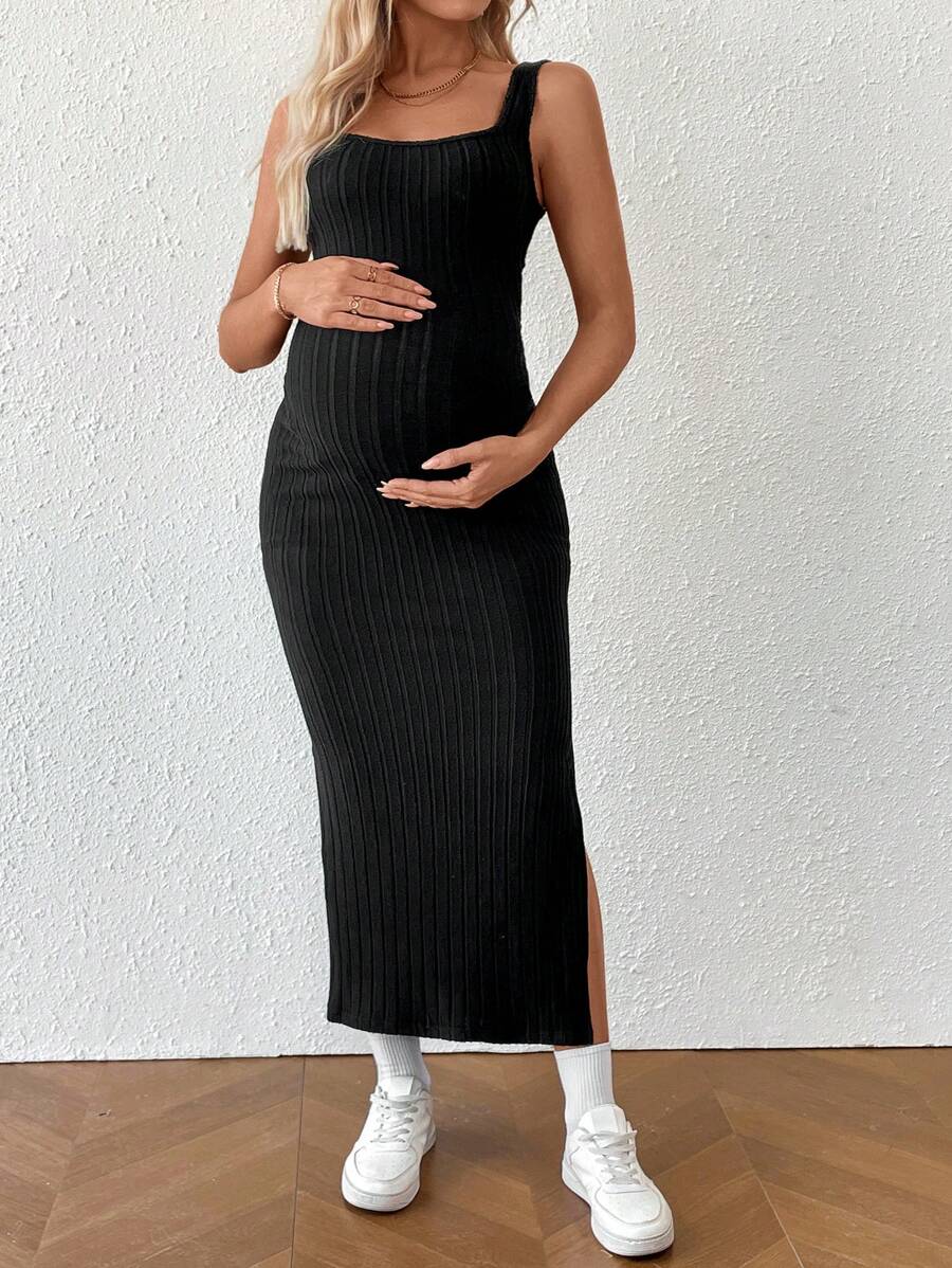 Maternity Solid Color Casual Ribbed Open Back Sleeveless Dress Two Piece Set Cut Out Maxi Skirt With
