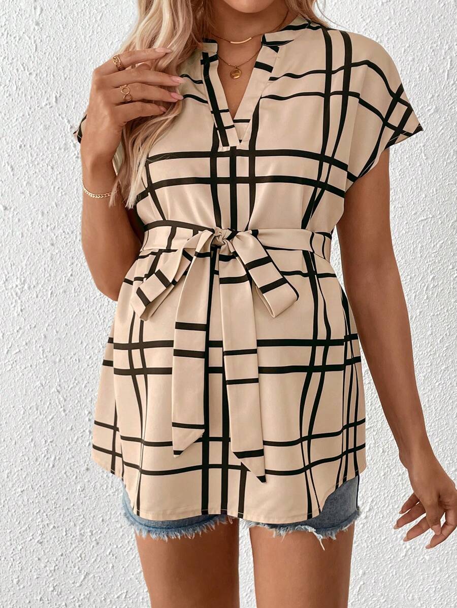 Maternity Summer,Casual Maternity Casual Plaid Print Shirt For Pregnant Women Maternity Casual Plaid Notched Neck Belted Shirt, Summer Tie Up Shirt Tie Front Blouse Light Blue Blouse Baby Blue Top Women Plaid Light Blue Top Plaid Top