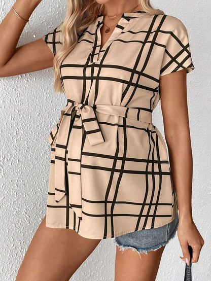 Maternity Summer,Casual Maternity Casual Plaid Print Shirt For Pregnant Women Maternity Casual Plaid Notched Neck Belted Shirt, Summer Tie Up Shirt Tie Front Blouse Light Blue Blouse Baby Blue Top Women Plaid Light Blue Top Plaid Top