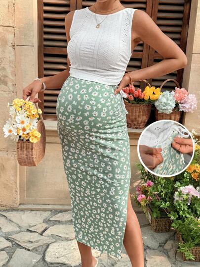 Maternity 2-Piece Set with Floral Embroidery Tank Top and Daisy Print Midi Skirt for Beach Vacation and Casual Summer Wear