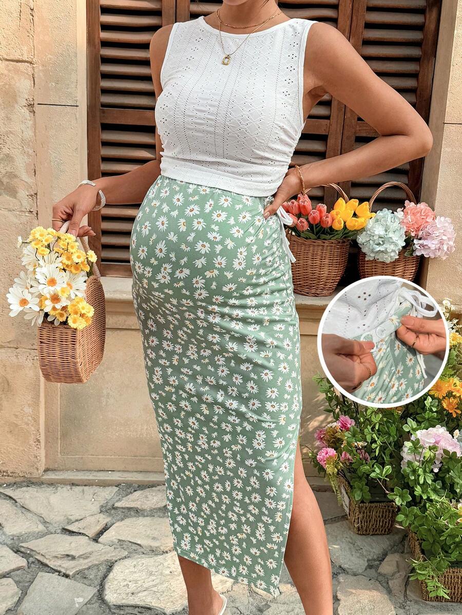 Maternity 2-Piece Set with Floral Embroidery Tank Top and Daisy Print Midi Skirt for Beach Vacation and Casual Summer Wear