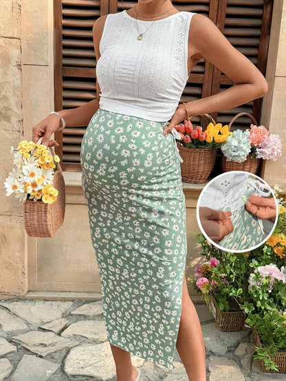 Maternity 2-Piece Set with Floral Embroidery Tank Top and Daisy Print Midi Skirt for Beach Vacation and Casual Summer Wear