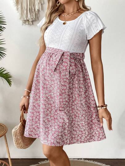 Maternity Contrast Floral Print Scoop Neck Short Sleeve Tied Waist A-Line Dress Boho Colorblock Mini Pregnancy Dress
