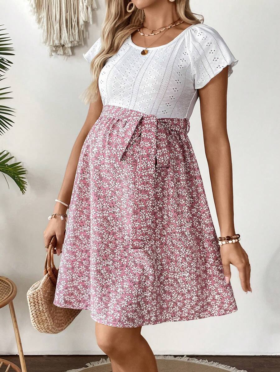 Maternity Contrast Floral Print Scoop Neck Short Sleeve Tied Waist A-Line Dress Boho Colorblock Mini Pregnancy Dress