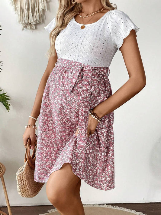 Maternity Contrast Floral Print Scoop Neck Short Sleeve Tied Waist A-Line Dress Boho Colorblock Mini Pregnancy Dress