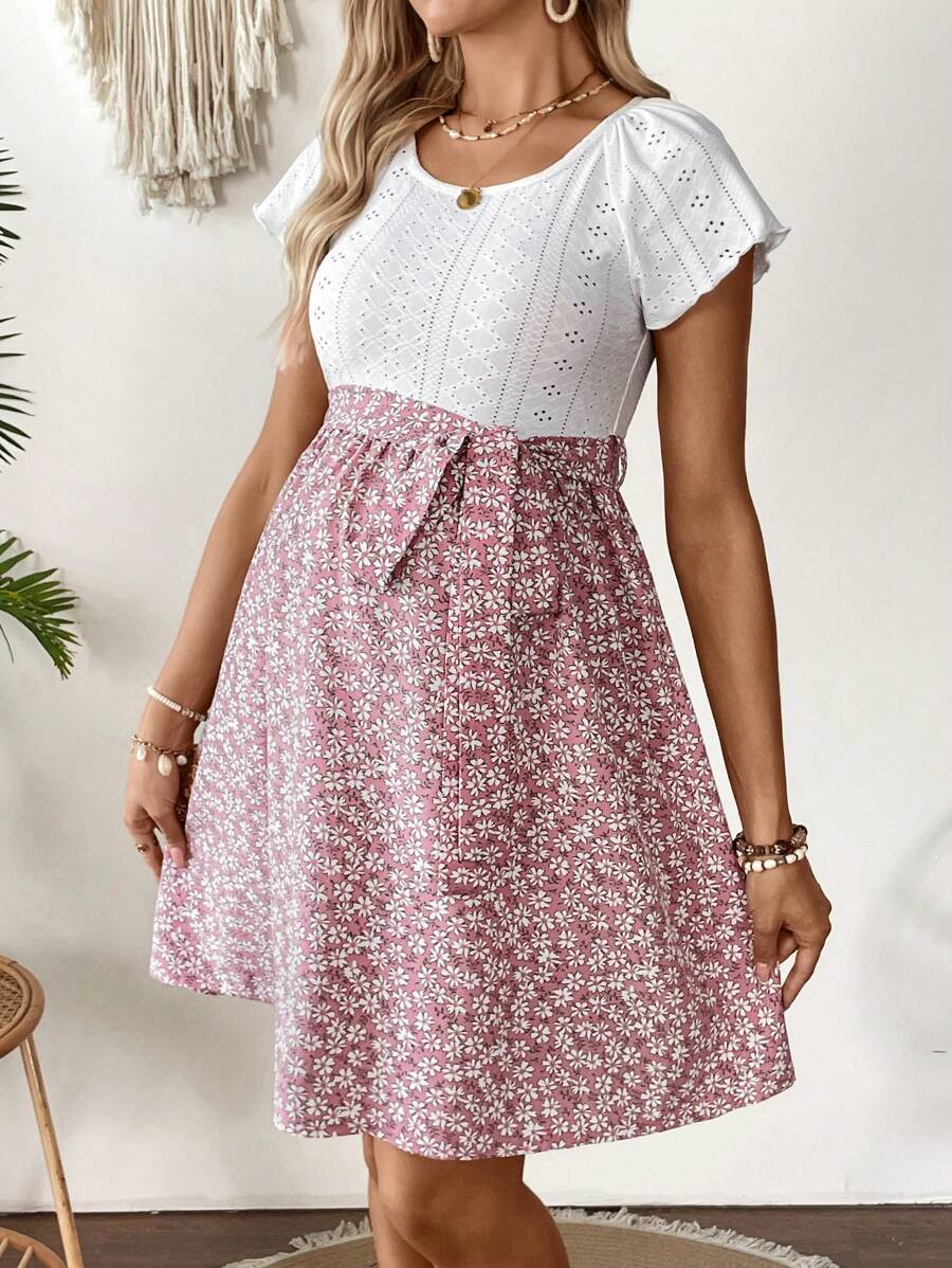 Maternity Contrast Floral Print Scoop Neck Short Sleeve Tied Waist A-Line Dress Boho Colorblock Mini Pregnancy Dress