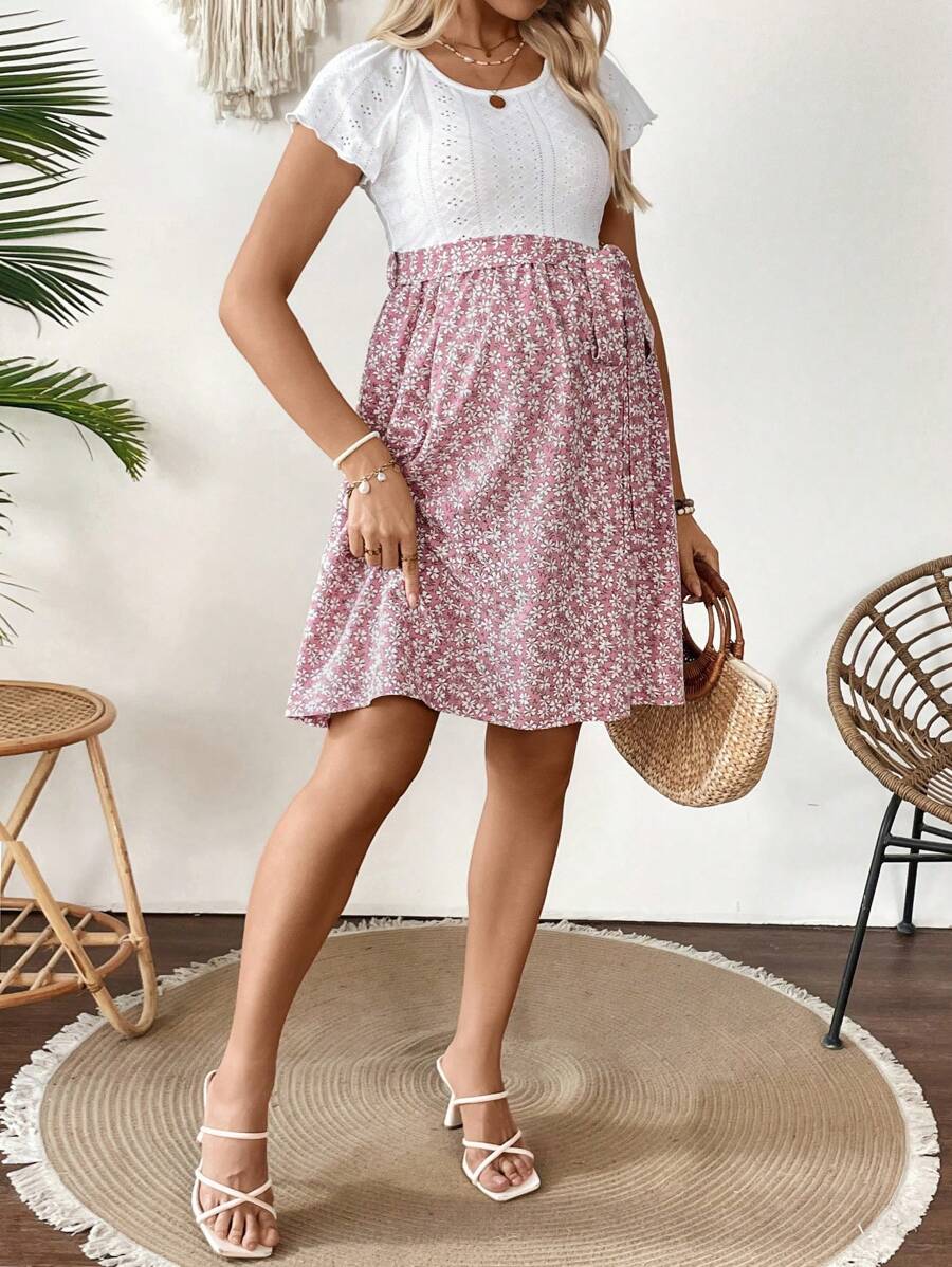 Maternity Contrast Floral Print Scoop Neck Short Sleeve Tied Waist A-Line Dress Boho Colorblock Mini Pregnancy Dress