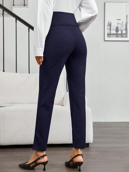 Maternity Adjustable Waist Pants - Ultra High Waist, Straight Leg, Button Detail, Black