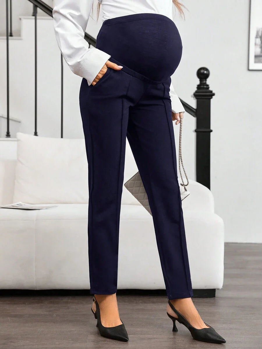 Maternity Adjustable Waist Pants - Ultra High Waist, Straight Leg, Button Detail, Black