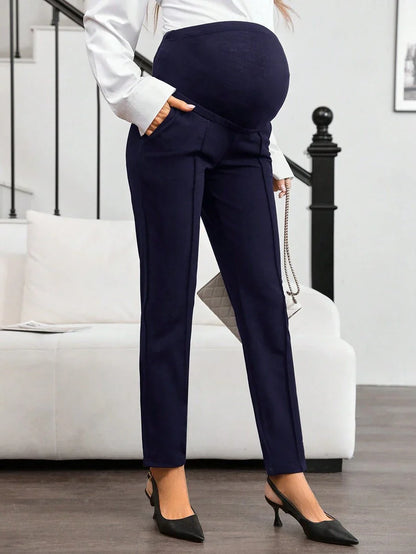 Maternity Straight Leg Pants - Adjustable Elastic Waist, Ultra High Waist, Khaki
