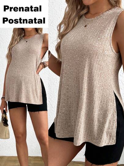 Maternity Side Slit Knit Camisole Tank - Round Neck Sleeveless Travel & Everyday, Apricot