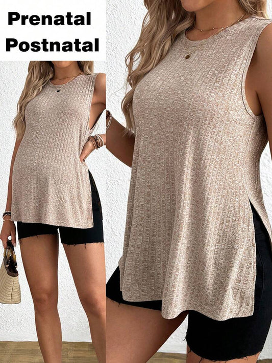 Maternity Side Slit Knit Camisole Tank - Round Neck Sleeveless Travel & Everyday, Apricot