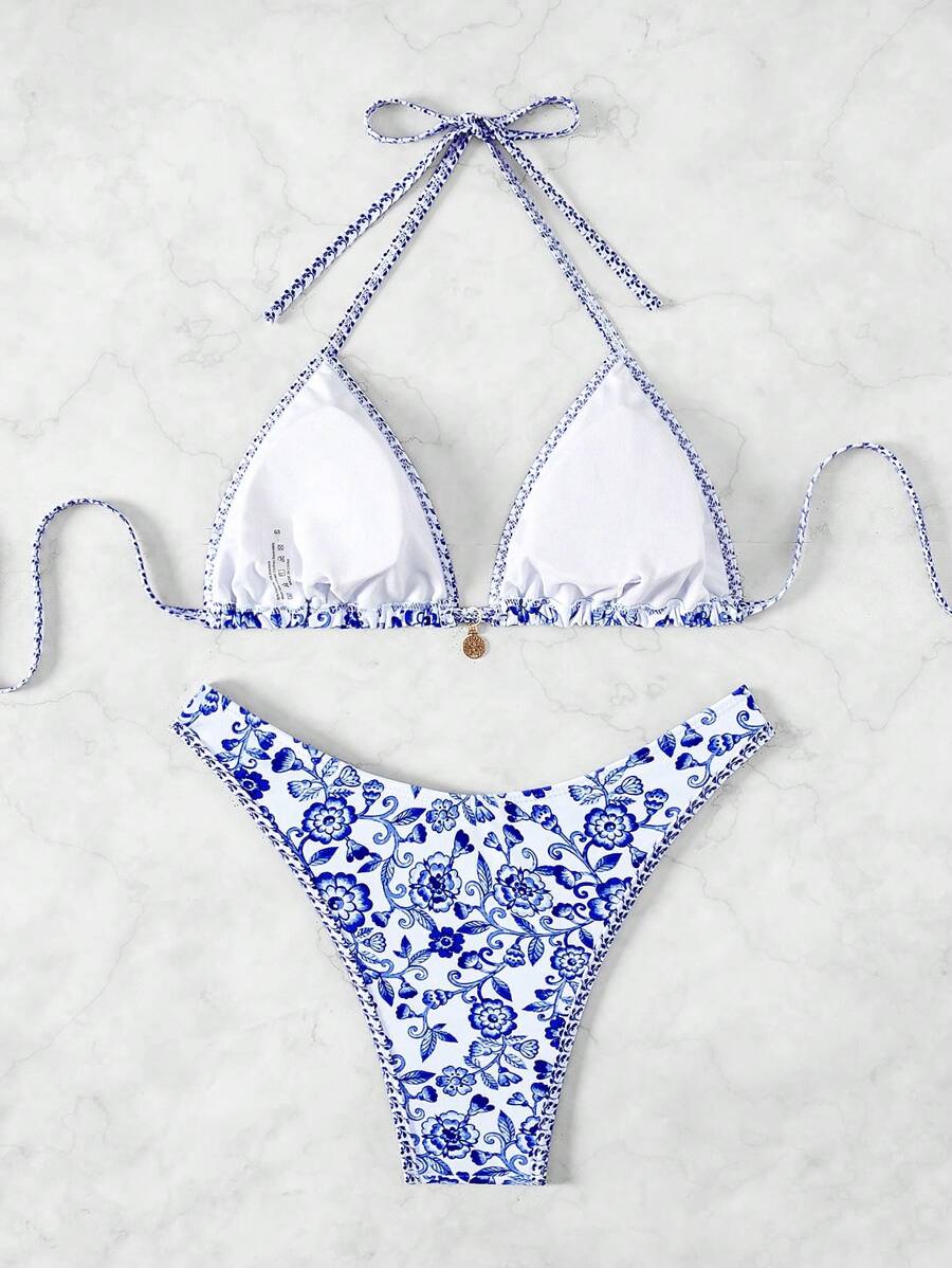 Women's 2-Piece Boho Halter Bikini Set - Tie Detail, High Cut, Floral Print, Green