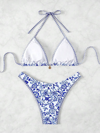 Women's 2-Piece Boho Halter Bikini Set - Tie Detail, High Cut, Floral Print, Green