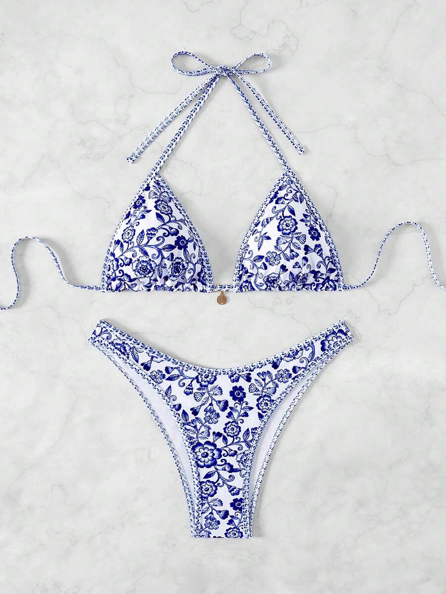 Women's 2-Piece Boho Halter Bikini Set - Tie Detail, High Cut, Floral Print, Green