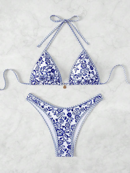 Women's 2-Piece Boho Halter Bikini Set - Tie Detail, High Cut, Floral Print, Green