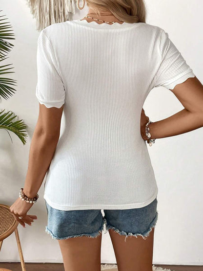 Maternity Square Neck Ribbed Short Sleeve T-Shirt - Slim Fit Cotton Knit Casual Tee with Scallop Trim Details