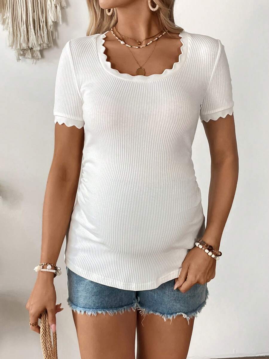 Maternity Square Neck Ribbed Short Sleeve T-Shirt - Slim Fit Cotton Knit Casual Tee with Scallop Trim Details