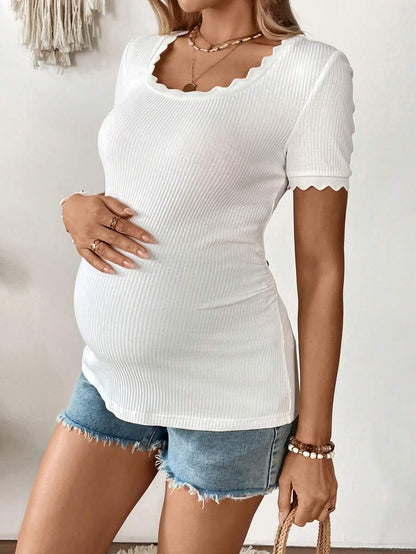 Maternity Square Neck Ribbed Short Sleeve T-Shirt - Slim Fit Cotton Knit Casual Tee with Scallop Trim Details