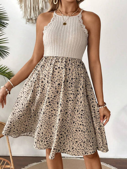Khaki Patchwork Ditsy Floral Halter Maternity Dress - Belted High-Waist A-Line Beach Vacation Mini Dress