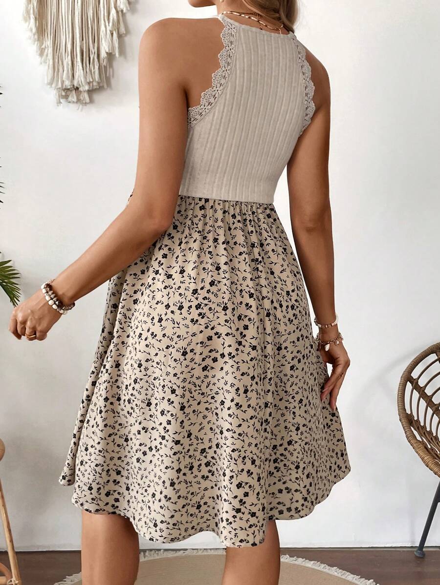 Khaki Patchwork Ditsy Floral Halter Maternity Dress - Belted High-Waist A-Line Beach Vacation Mini Dress