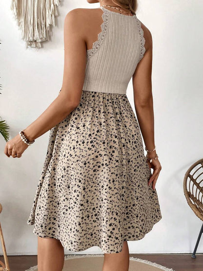 Khaki Patchwork Ditsy Floral Halter Maternity Dress - Belted High-Waist A-Line Beach Vacation Mini Dress