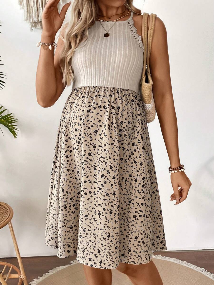 Khaki Patchwork Ditsy Floral Halter Maternity Dress - Belted High-Waist A-Line Beach Vacation Mini Dress