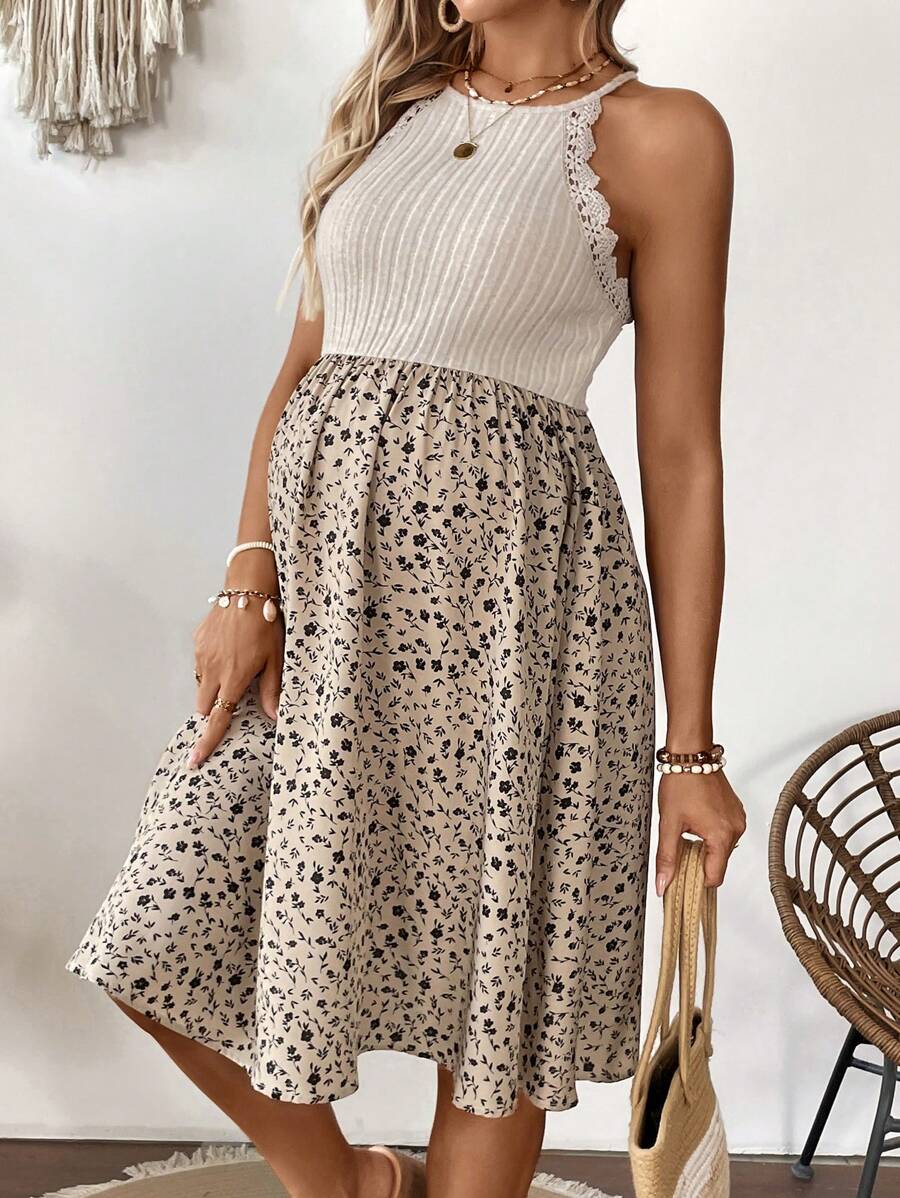 Khaki Patchwork Ditsy Floral Halter Maternity Dress - Belted High-Waist A-Line Beach Vacation Mini Dress