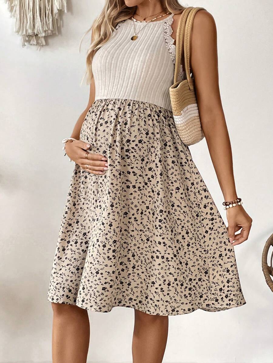 Khaki Patchwork Ditsy Floral Halter Maternity Dress - Belted High-Waist A-Line Beach Vacation Mini Dress
