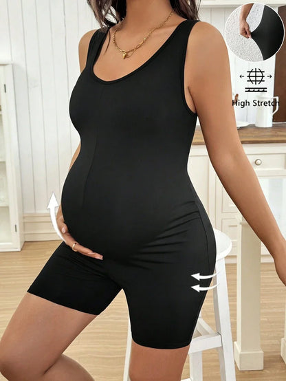 Maternity Baby Blue Scoop Neck Sleeveless Unitard - Skinny Fit Casual Daily Romper