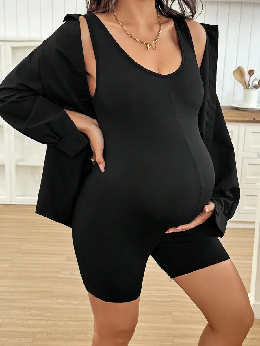 Maternity Baby Blue Scoop Neck Sleeveless Unitard - Skinny Fit Casual Daily Romper