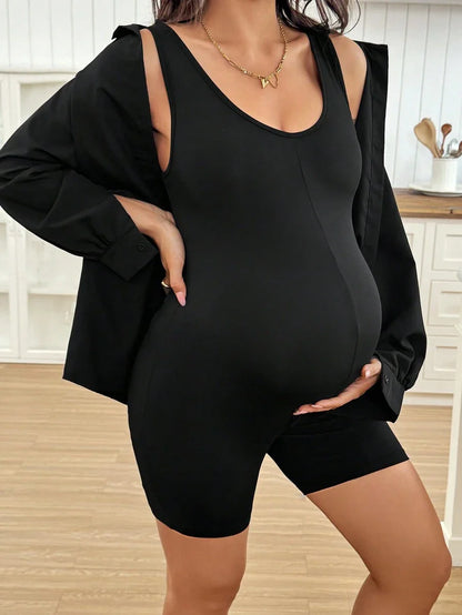 Maternity Baby Blue Scoop Neck Sleeveless Unitard - Skinny Fit Casual Daily Romper