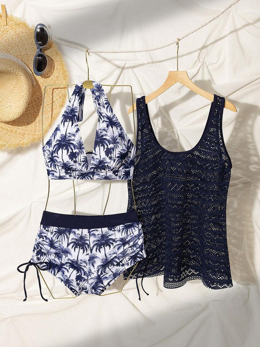 Swim Vcay Deep V Coconut Tree Print Shorts, Paired With Hollow Out Knit Cover Up & Spaghetti Strap Crop Top Bikini 3-Piece Set, Beach Outfit For Women, Holiday, New Year,