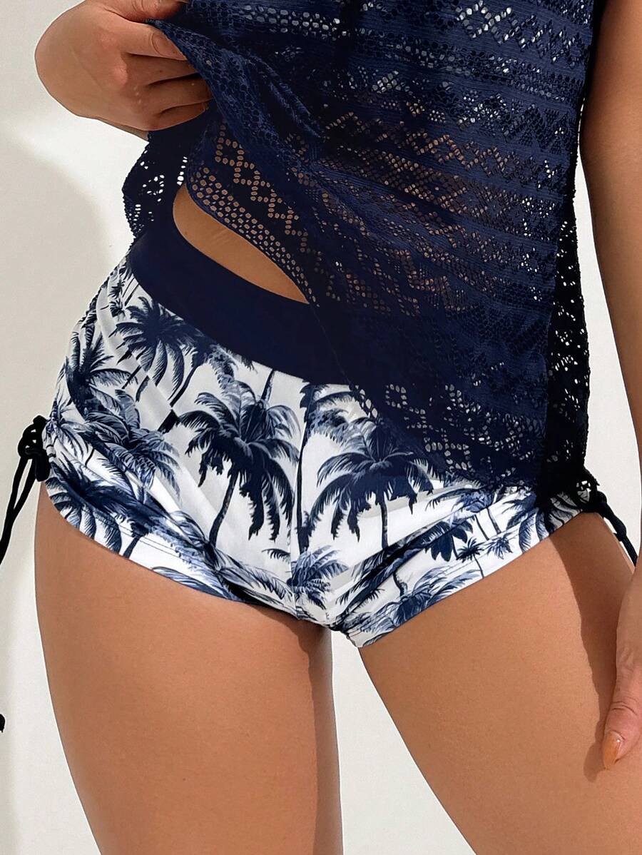 Swim Vcay Deep V Coconut Tree Print Shorts, Paired With Hollow Out Knit Cover Up & Spaghetti Strap Crop Top Bikini 3-Piece Set, Beach Outfit For Women, Holiday, New Year,