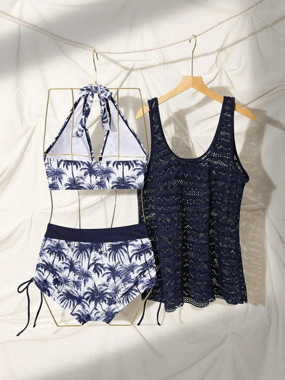 Swim Vcay Deep V Coconut Tree Print Shorts, Paired With Hollow Out Knit Cover Up & Spaghetti Strap Crop Top Bikini 3-Piece Set, Beach Outfit For Women, Holiday, New Year,