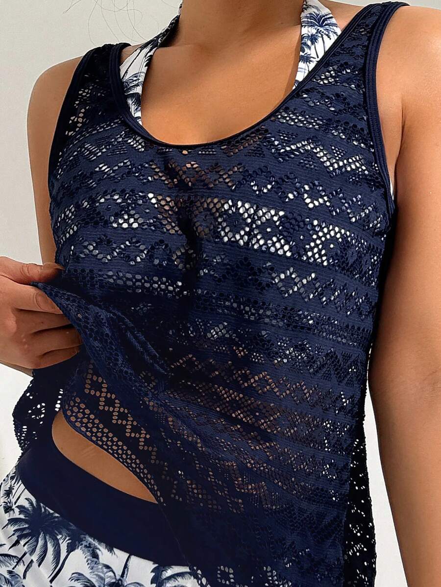 Swim Vcay Deep V Coconut Tree Print Shorts, Paired With Hollow Out Knit Cover Up & Spaghetti Strap Crop Top Bikini 3-Piece Set, Beach Outfit For Women, Holiday, New Year,