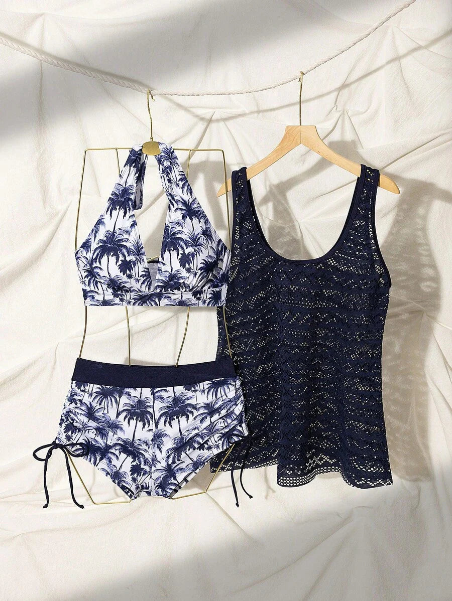 Swim Vcay Deep V Coconut Tree Print Shorts, Paired With Hollow Out Knit Cover Up & Spaghetti Strap Crop Top Bikini 3-Piece Set, Beach Outfit For Women, Holiday, New Year,