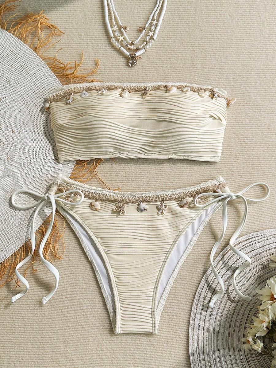 Women's 2-Piece Textured Bandeau Bikini Set - Shell Strap, Tie Side, Lace Up, White