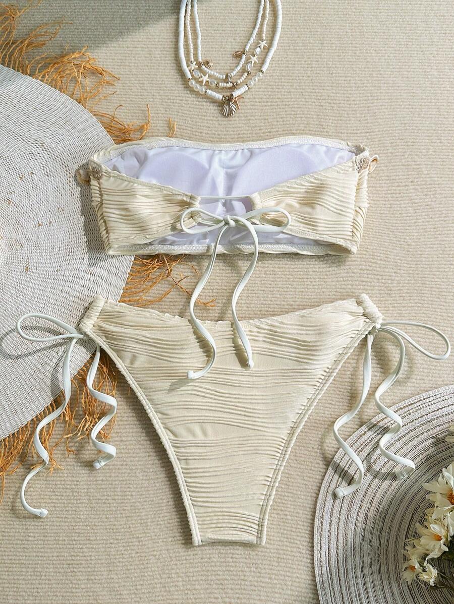 Women's 2-Piece Textured Bandeau Bikini Set - Shell Strap, Tie Side, Lace Up, White