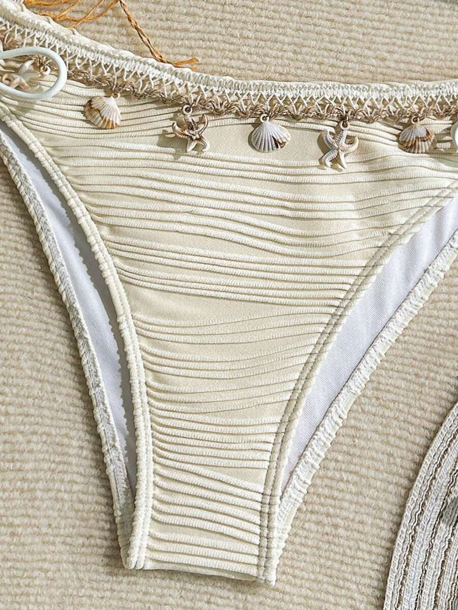 Women's 2-Piece Textured Bandeau Bikini Set - Shell Strap, Tie Side, Lace Up, White