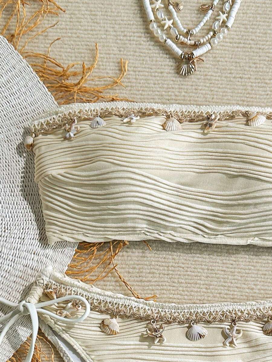 Women's 2-Piece Textured Bandeau Bikini Set - Shell Strap, Tie Side, Lace Up, White