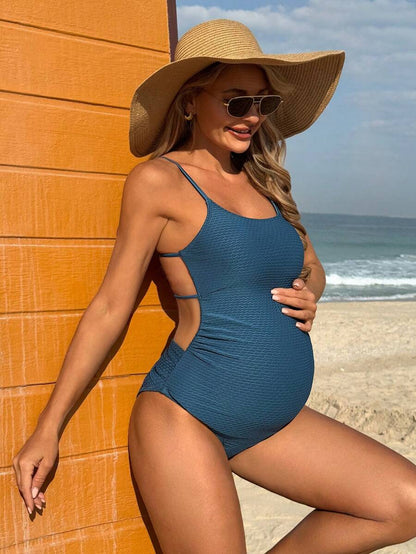 Swim Vcay Pregnant Women Elegant Ribbed Backless One-Piece Swimsuit For Summer Beach Vacation