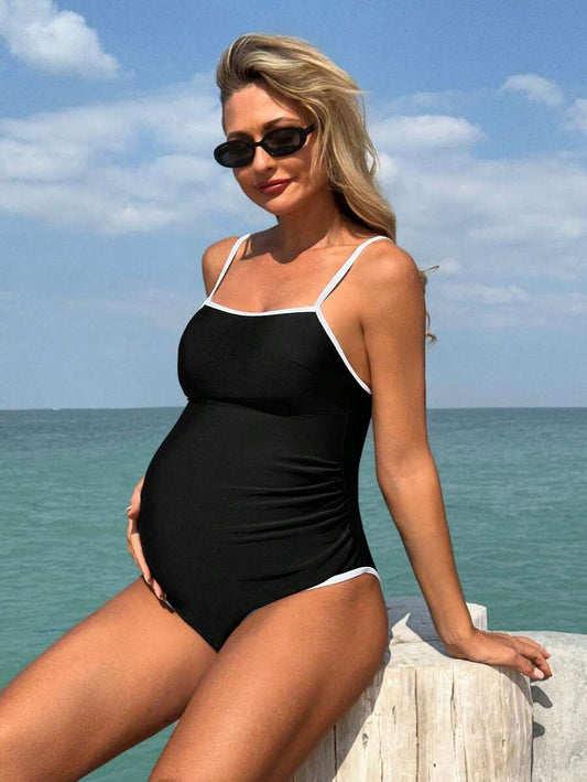 Pregnant Women's Elegant Vacation Black & White Contrast Binding Maternity One-Piece Swimsuit, For Summer Beach